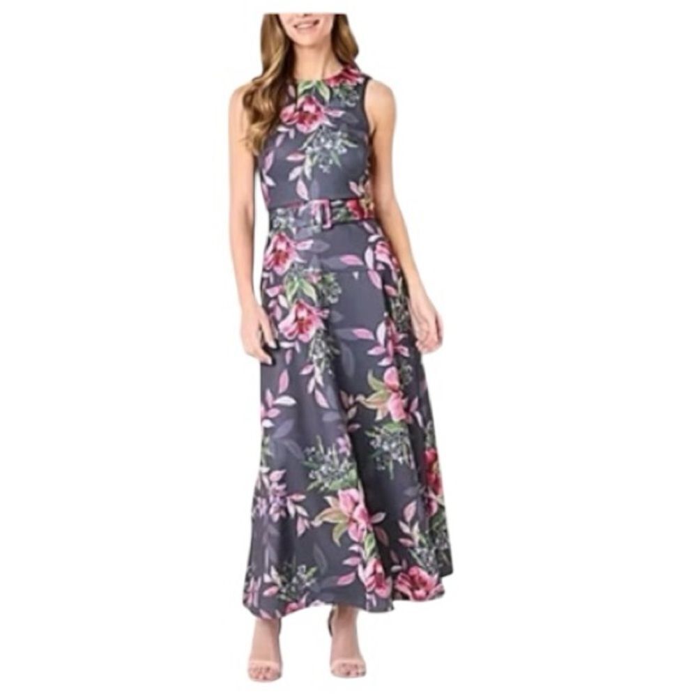Melonie T Women's Belted Sleeveless Floral Evening Gown- Navy Size‎ 18